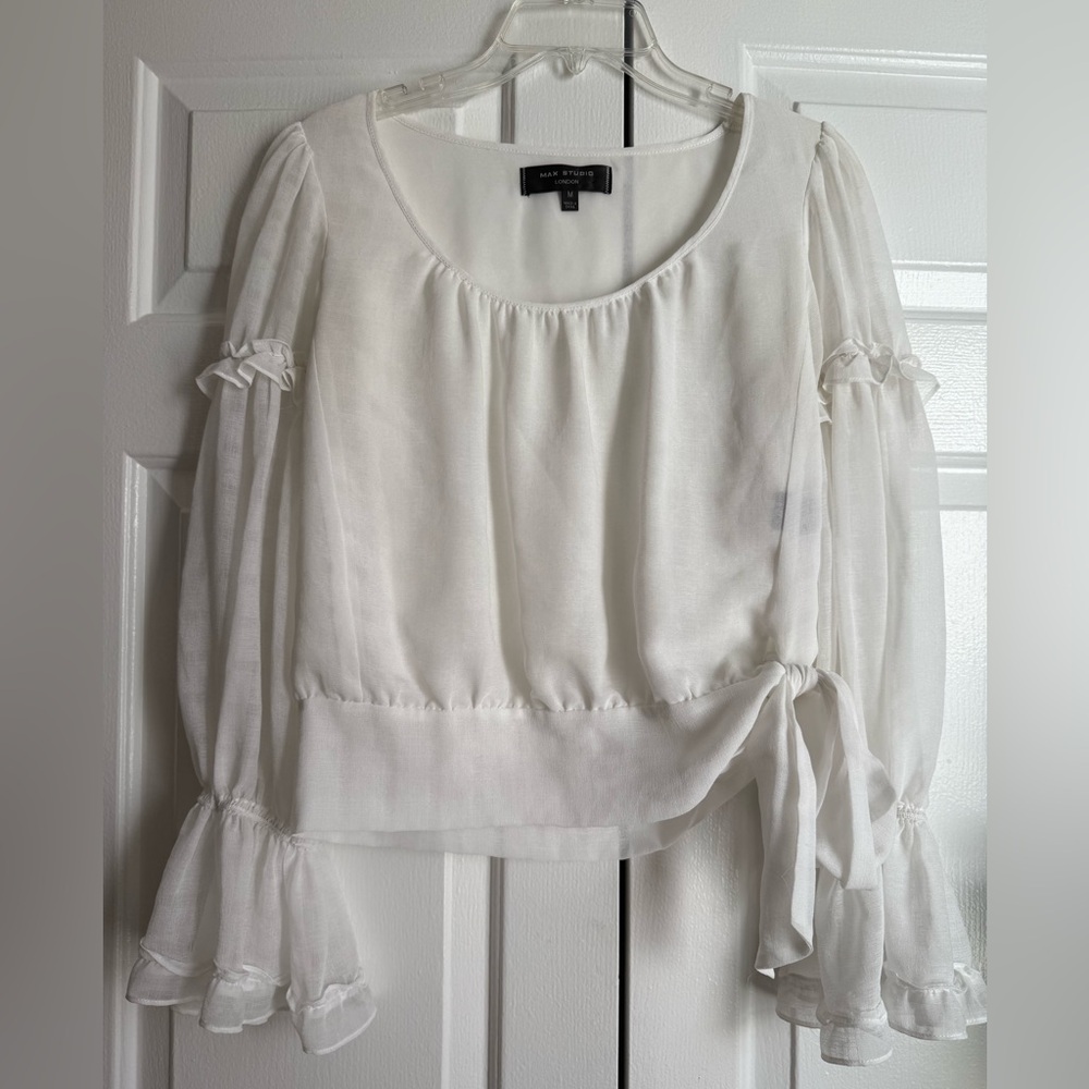 White Sheer Peasant Blouse Top with Tie Detail size M Renfaire Celestial Angel